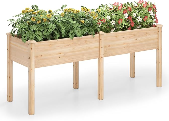 HAPPYGRILL Raised Garden Bed Outdoor Planter Raised Bed w/Drainage Holes Divider Panel 6 Supporting Legs Elevated Wood Planter Box for Backyard Patio Balcony 73” x 23” x 30” (Natural)