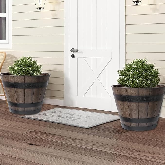 Large Plant Pots 22.25 Inch 2 Pack Plastic Whiskey Barrel Planters Big Flower Pots Wine Barrel Design for Outdoor Indoor Garden Porch Patio Backyard