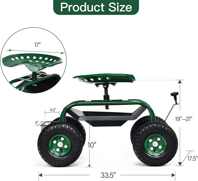 Giantex Garden Cart with Seat Rolling Garden Seat with Wheels Tools Basket 360 Swivel Gardening Workseat Adjustable Height Wagon Scooter for Patio Lawn Yard Outdoor Steerable Stool (Green)