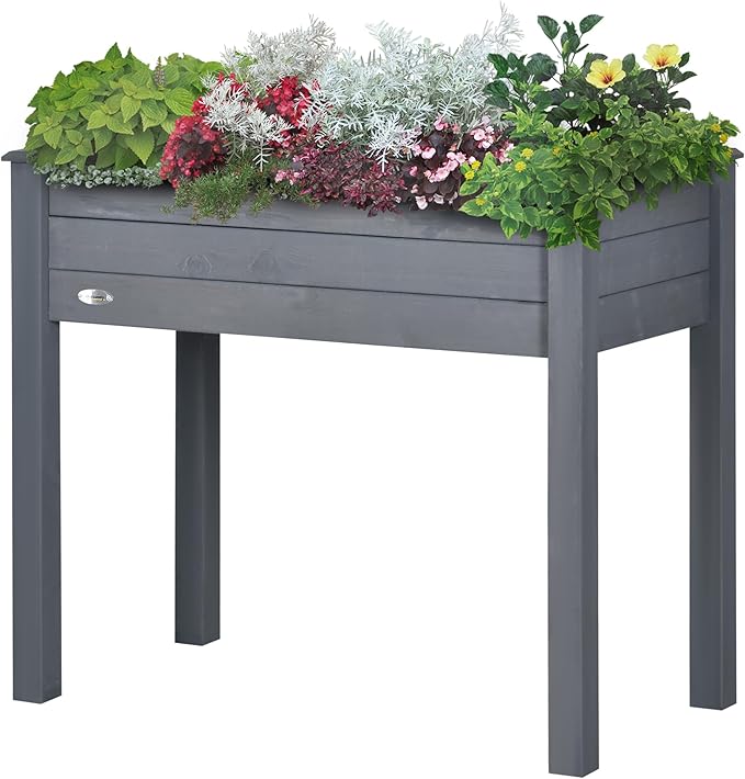 Raised Garden Bed with Legs 34 x 18 x 30 Elevated Wooden Planter Box Self Draining with Bed Liner for Vegetables Herbs and Flowers Backyard Patio Balcony Use Dark Gray