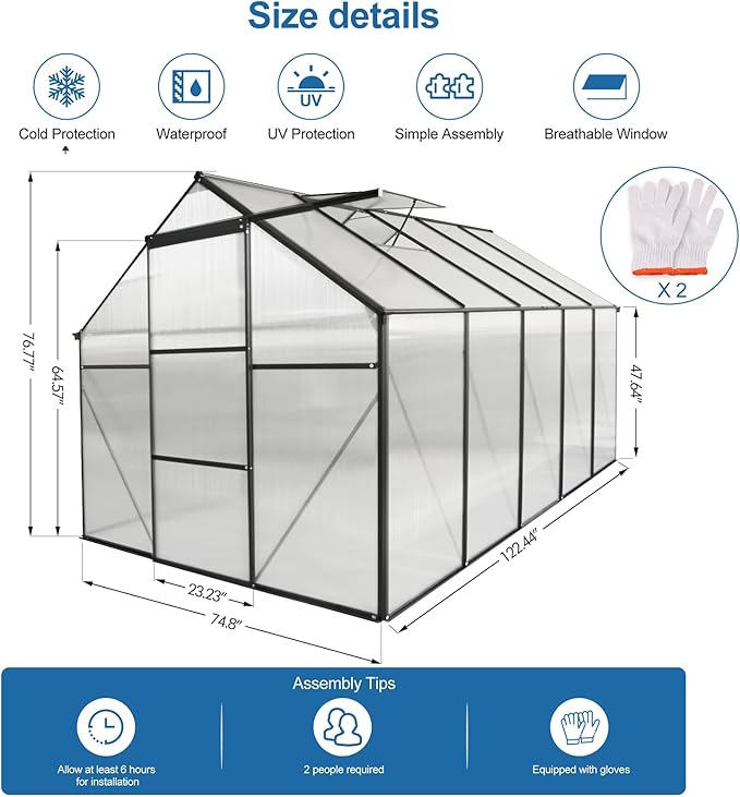 6x10 FT Polycarbonate GreenhouseHeavy Duty Walk-in Garden Plants Green HouseAdjustable RoofRaised Base and Sliding Door for Outdoor BackyardEasy to InstallBlack