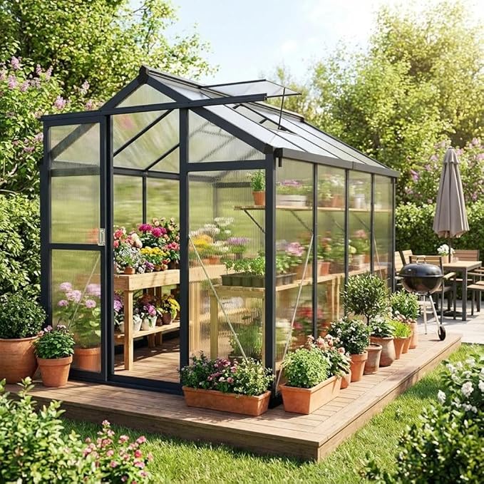 6x8 FT Greenhouse Polycarbonate Walk-in Greenhouse for Outdoors with Roof Vent &amp Lockable Smooth-Gliding Sliding Door Heavy-Duty Aluminum Green House for Garden Backyard Patio Lawn Dark Grey
