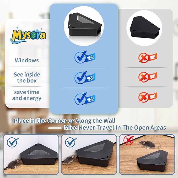 12 Pack Mouse Bait Stations with Visible Window &amp Keys Lockable Rodent Control Boxes Triangular Mice Traps Box for Indoor Outdoor Corners Garage Kitchen Bait Not Included (Black)