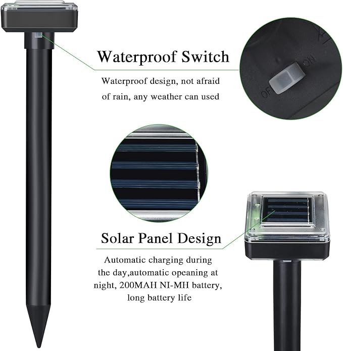Solar Mole Repellent Ultrasonic Powered Outdoor Sound Wave Deterrent for Lawn Garden Snakes Moles Gophers Groundhogs Voles and Other Burrowing Mice(6 PiecesLarge)
