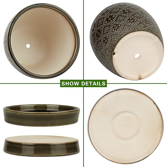 Docrin Dark Green Ceramic Planter Set - 6.6+5.5 Indoor Outdoor Pots with Drainage Holes &amp Saucers for Home Office Decor