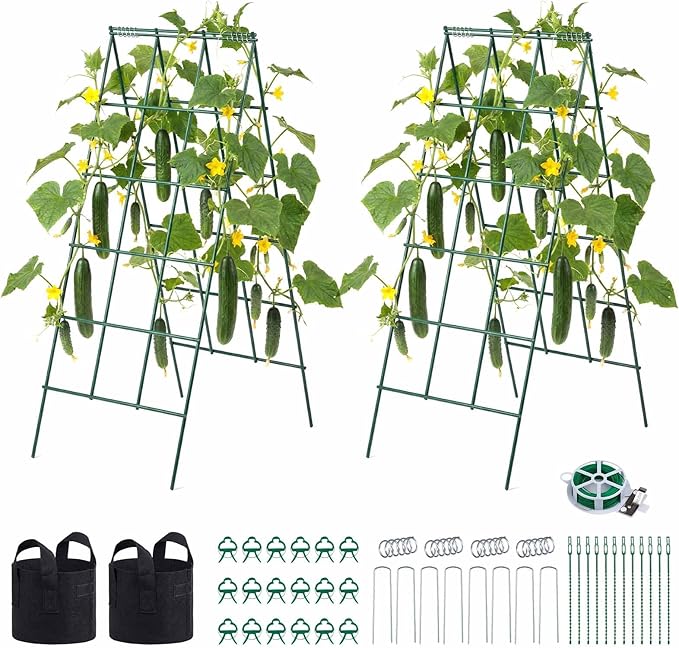 VEVOR Cucumber Trellis 46 High Foldable A-Frame Garden Trellises for Raised Bed 4 Panels Metal Rustproof Outdoor Climbing Plant Support with 2 Plant Bags for Vine Peas Beans Tomato Flowers