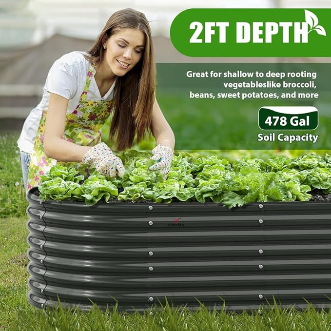 A ANLEOLIFE 8X4X2 ft Galvanized Raised Garden Beds Outdoor Oval Large Metal Deep Root Planter Box for Planting Vegetables Flowers Herb Anti-Rust &amp Easy-Setup Quartz Grey