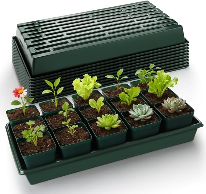 10 Pack 1020 Trays No Holes-Reusable Nursery Flats for 50/72 Cell Plug Tray Heavy Duty Seed Starter Trays for Transplant Seed Starting Plant Propagation &amp Seed Germination (Dark Green)