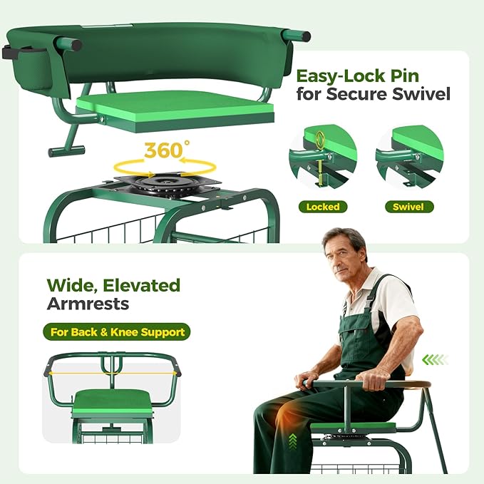 Suntee Garden Seat with Wheels Rolling Gardening Stool with 360° Swivel Seat &amp BackrestTool Storage Basket &amp Back Tool Pouch Adjustable Handle Outdoor Gardening Scooter Garden Cart for Se