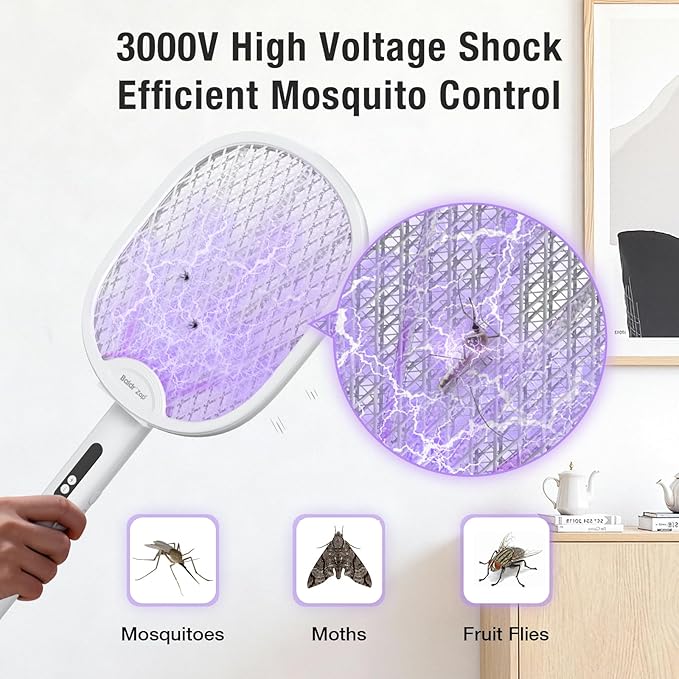 BALDR Electric Fly Swatter Racket Foldable 2 in 1 Bug Zapper 3000V Powerful Mosquito Killer with Purple Attractant Trap Lamp 1200mAh Type-C Rechargeable for Indoor Home Office Patio Camping 2 Pack