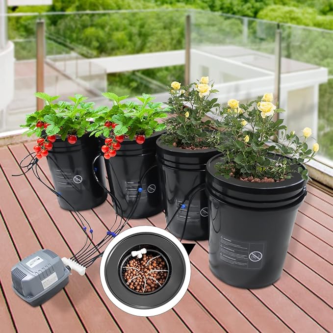 DWC Hydroponics Growing System 5-Gallon Deep Water Culture Recirculating Drip Garden System with Multi-Purpose Air Hose Air Pump and Air Stone (4 Bucket + Reservoir Kit)