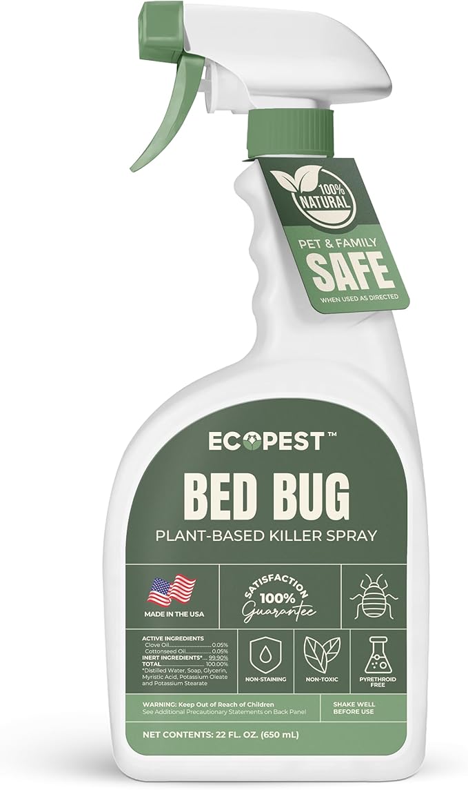 Bed Bug Spray – Natural Plant-Based Killer for Bed Bugs Eggs &amp Nymphs | Fabric &amp Mattress-Safe Home Treatment for Indoor Use | Child &amp Pet Safe Low Odor Eco-Friendly (22 oz)