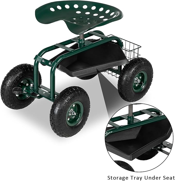 Steel Frame Garden Seat Cart with 360° Swivel Seat – 29.5x17.7x18.5 Adjustable Yard Cart with Tool Tray Pneumatic Tires &amp 330 lbs Capacity
