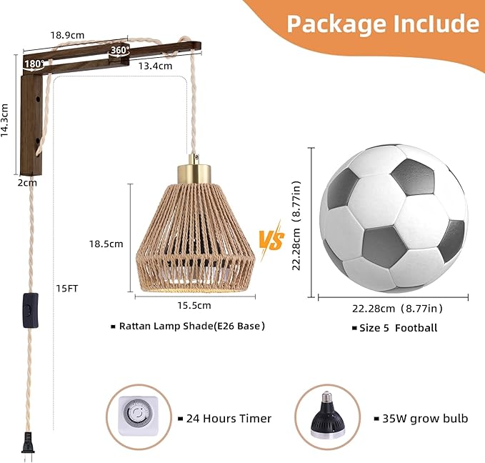 Hanging Grow Lights for Indoor Plants - 35W 4000K Full Spectrum Plant Light Wall Mounted Grow Light with Wooden Bracket Timer 15FT Power Cord Ideal for Plants Flowers &amp Home Decor