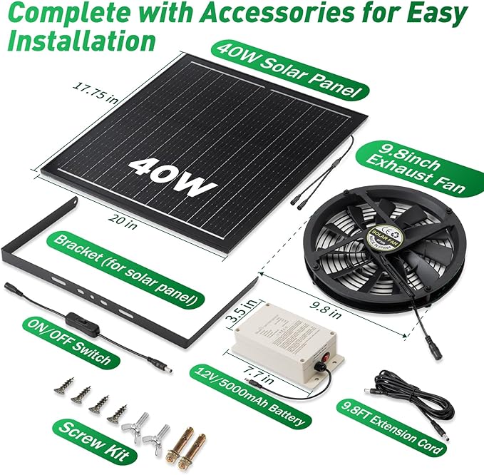 Solar Exhaust Fan with Battery 40W 10 Solar Powered Fans for Greenhouse with 60Wh Battery Run Day &amp Night Solar Vent Fan for Shed Chicken Coop Dog House Outside Waterproof &amp Low Noise