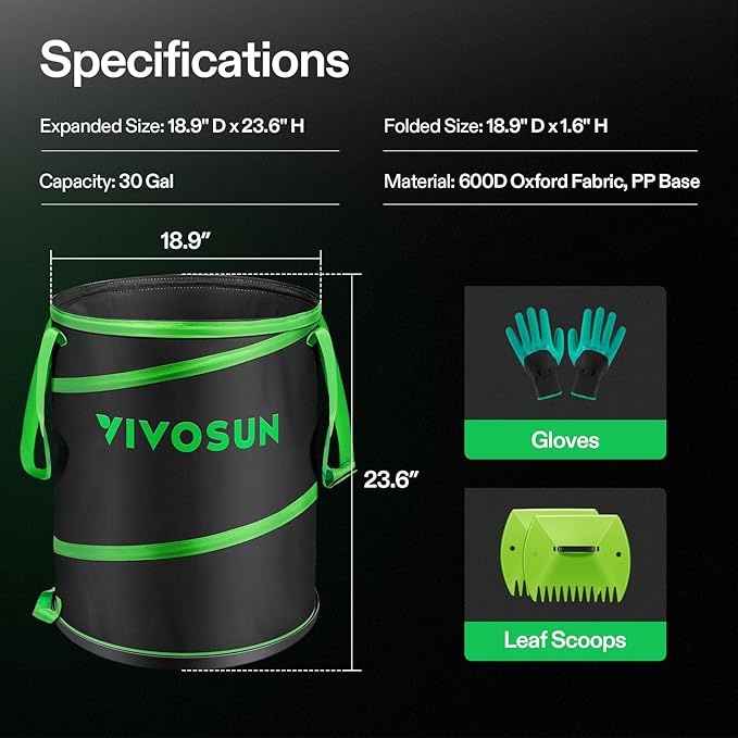 VIVOSUN 30-Gallon Collapsible Garden Bag Yard Waste Bin with Hard-Shell Bottom Leaf Scoops and Gloves Collapsible Yard Waste Containers for Lawn Care and Camping 2-Pack