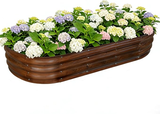 Galvanized Raised Garden Bed Outdoor Large Raised Bed for Gardening 6x3x1ft Oval Metal Planter Box for Vegetables Fruits Flowers Dark Brown Wood Grain