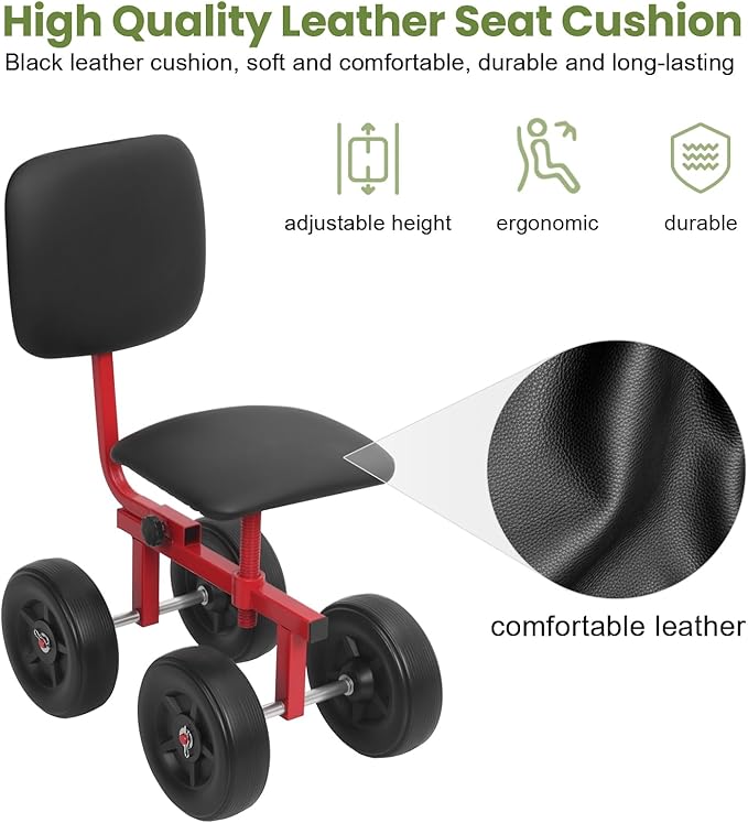 Compact Rolling Garden Seat with Adjustable Ergonomic Design - Backrest (19.29-25.98) 120kg Load PP/Steel Material for Outdoor Tasks Black