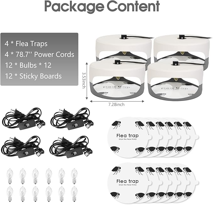 Flea Traps for Inside Your Home 4 Pack Original Indoor Flea Light Bed Bug Killer w/ 12 Sticky Pads &amp 12 Light Bulb Refills Replacement Odorless Insect Infestation Treatment Trap Lamp for Kid Pet