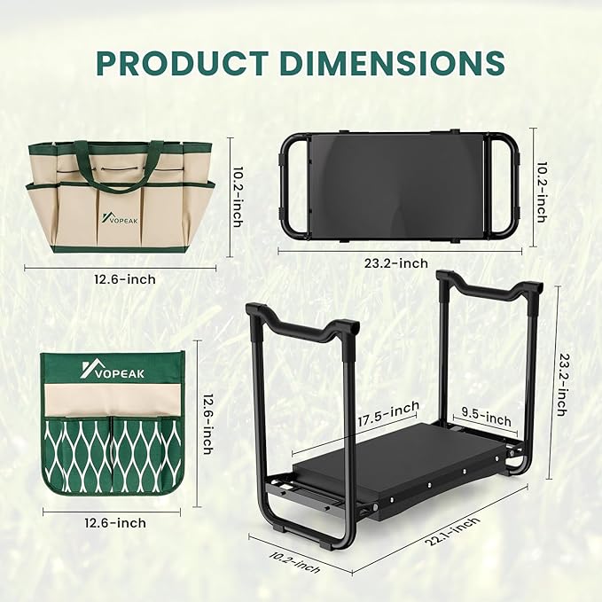 VOPEAK Garden Kneeler and Seat Heavy Duty Foldable Garden Stool with Upgraded Widened Thick Kneeling Pad Stable Garden Kneeler with 2 Large Tool Bags Gardening Gifts for Women Men Seniors Green