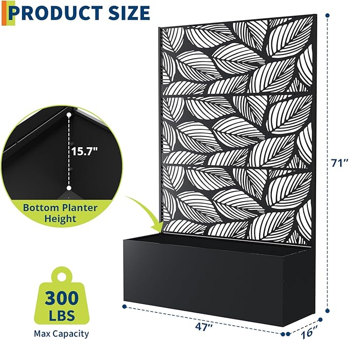 Metal Planter Box with Trellis 47X16X71 Raised Garden Bed Without Wheels Galvanized Metal Privacy Screen for Climbing Plants Vegetables Vines Patio Planters with Drainage Holes 16 Deep Bed