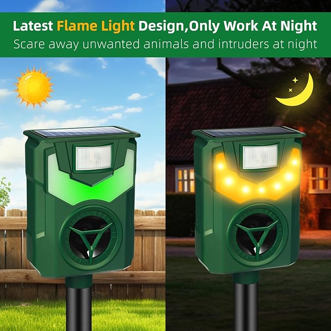 2 Pack 2025 Solar Ultrasonic Repellent Outdoor Deer Repellent Devices with Motion Detection Cat Squirrel Rabbit Deterrent for Yard Waterproof Animal Deterrent Light for Skunk Racoon Rodent Dog Mole