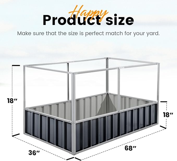KING BIRD Raised Garden Bed with Garden Anti-Bird Protection Netting Structure Galvanized Steel Metal Planter Kit Box with 2 Pairs of Gloves Dark Grey 68 x 36 x 34.6