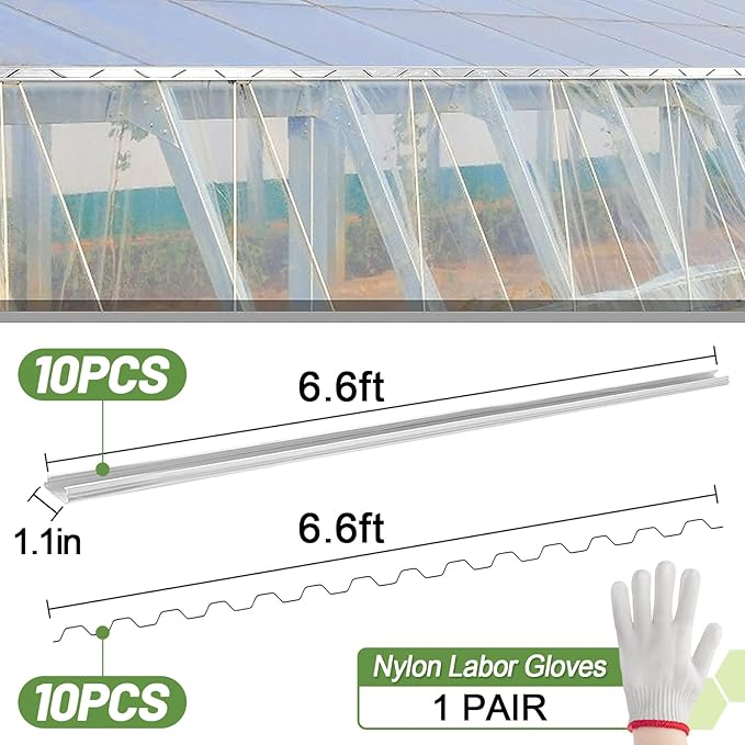 Greenhouse Spring Wire &amp Lock Channel - 10 Sets 6.6 ft PVC Coated Spring Wire &amp Aluminum Alloy U-Channel Bundle with Nylon Gloves for Fast Fix Poly Film Shade Cloth