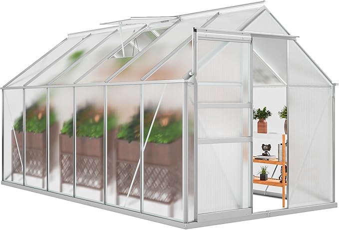 DWVO 6x12FT Polycarbonate Greenhouse for Outdoors Large Heavy Duty Aluminum Greenhouses with Sliding Doors and Vent Window Walk-in Greenhouse for Garden Backyard Easy to Setup Silver