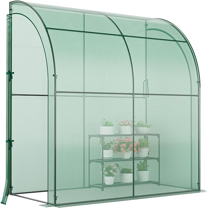 Happygrill Greenhouse Lean to Greenhouse with 3 Tiers Flower Rack Weatherproof PE Cover &amp Roll-up Zipper Doors Greenhouses for Outdoors Garden Backyard Balcony