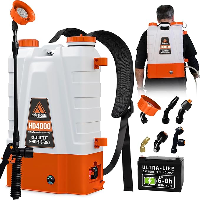 PetraTools Battery Powered Backpack Sprayer 4 Gallon - 6 Hours Long Battery Life &amp Padded Straps for Comfort - HD4000 Electric Backpack Garden Sprayer with 6 Spray Nozzles &amp 90PSI Adjustable P