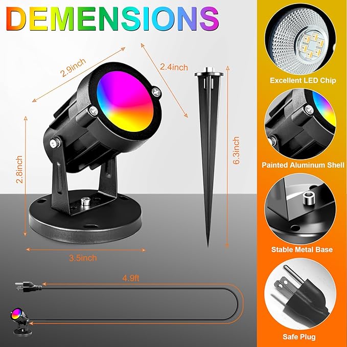 5W RGBW Landscape Lights 16 Color Changing Spotlight 110V 120V Outdoor Landscape Lighting with Remote for Yard Garden Pathway(2 Pack with Base and Stake)
