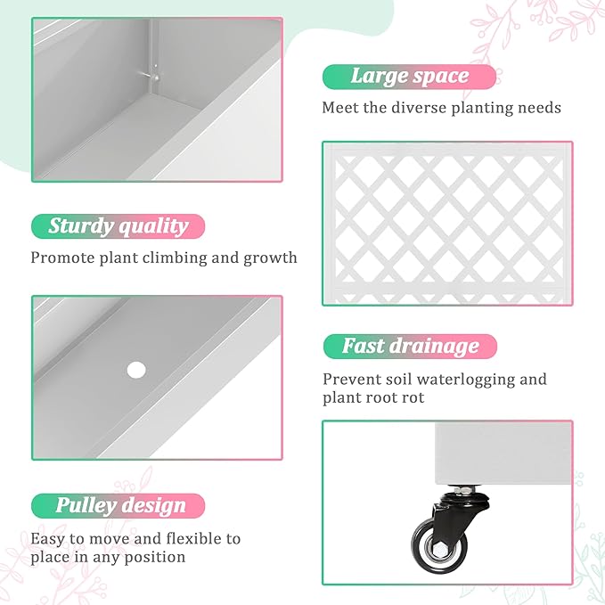 Metal Raised Garden Bed with Trellis for Climbing Plants Vegetable VinesMetal Planter Box with Trellis 73x35x16Trellis with Planter Box &amp Privacy ScreenRaised Garden Bed On Wheels(White)