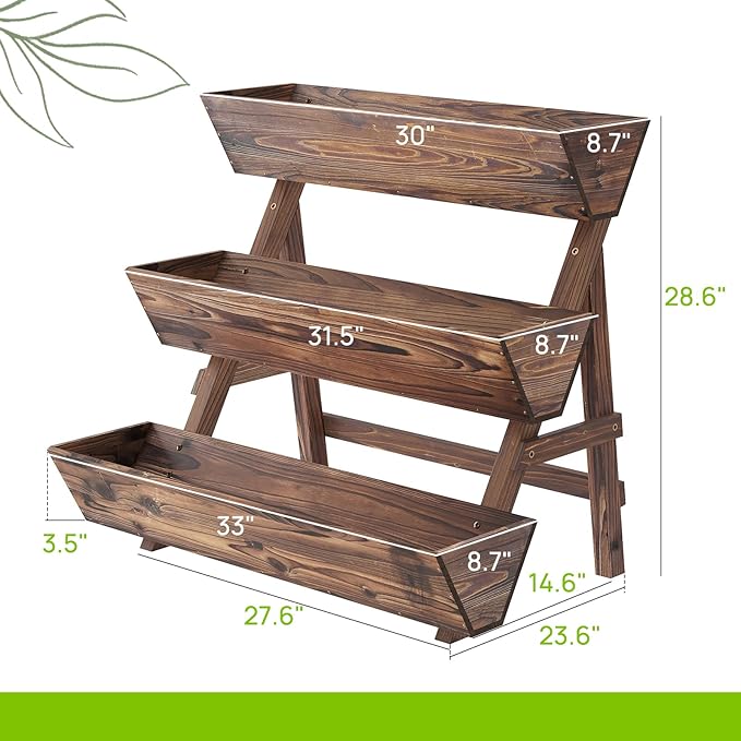 3-Tiers Wooden Raised Garden BedPlanter Box Gardening Outdoor Planter Box Patio Kit Tiered Planter Box Vertical Garden Planter Wood Plant Stand for Patio Balcony Freestanding (Carbonized L)