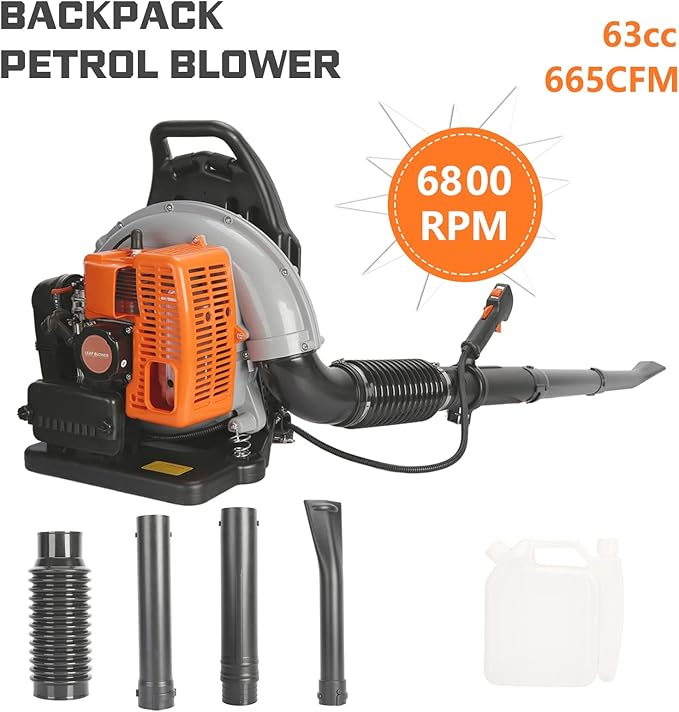 63CC 3HP 2 Stroke Backpack Gas Powered Leaf Blower High Strength Snow Grass Lawn Blower Air Cooling Gasoline with Single-Cylinder Air-Cooled for GutterGardenYard Ora Orange