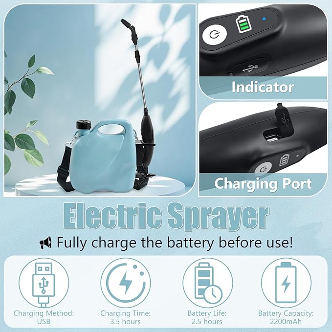 Battery Powered Sprayer 1.35 Gallon Electric Garden Sprayer in Lawn with 3 Mist Nozzles USB Rechargeable Handle Retractable Wand Yard Pump Sprayers with Adjustable Shoulder Strap for Plants