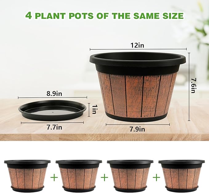 Quarut 4 Pack 12 inch Plant PotsWhiskey Barrel Planters with Drainage Holes &amp SaucerPlastic Decoration Flower Pots Retro DesignPlanters for Outdoor Indoor Garden Home Plants (Brown)