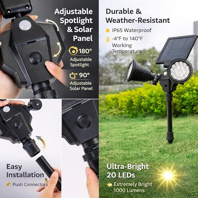 Solar Outdoor Spotlights Dual-Head 36 LED Solar Security Light with Motion Sensor Ultra-Bright Landscape Wall &amp Ground Lights Waterproof Solar Powered Lighting for Yard Garden Patio Driveway