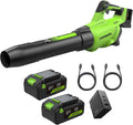 Greenworks 48V (24V x 2) Brushless Axial Leaf Blower (600 CFM / 150 MPH) Powerful for Large Yard Driveway Patio and Deck Cleanup Includes (2) 4.0Ah Batteries and 100W GaN Charger