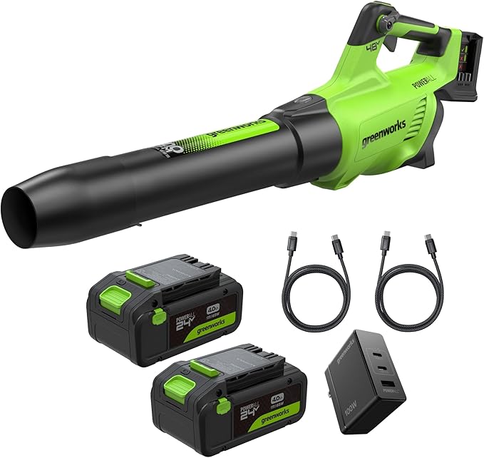 Greenworks 48V (24V x 2) Brushless Axial Leaf Blower (600 CFM / 150 MPH) Powerful for Large Yard Driveway Patio and Deck Cleanup Includes (2) 4.0Ah Batteries and 100W GaN Charger