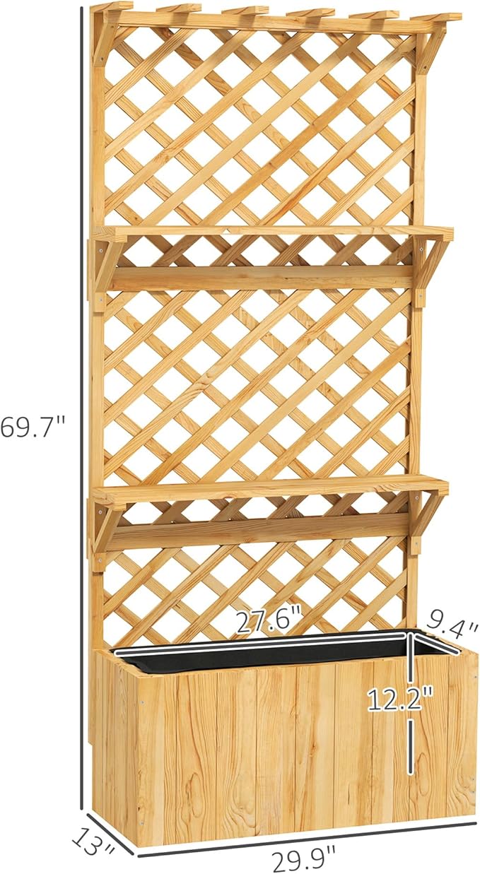 Outsunny Wooden Planter with Trellis Raised Garden Bed with Hanging Roof Plant Shelf Drainage Holes and Bed Liner for Climbing Plants Vegetables Flowers 30 x 13 x 70 Natural
