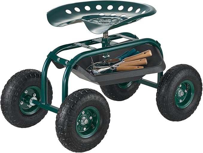 VEVOR Rolling Garden Cart with Swivel Seat Heavy Duty Garden Seat with Storage Basket &amp Tool Tray 300 lbs Weight Capacity Outdoor Utility Gardening Stool Scooter for Lawn Yard Planting Weeding