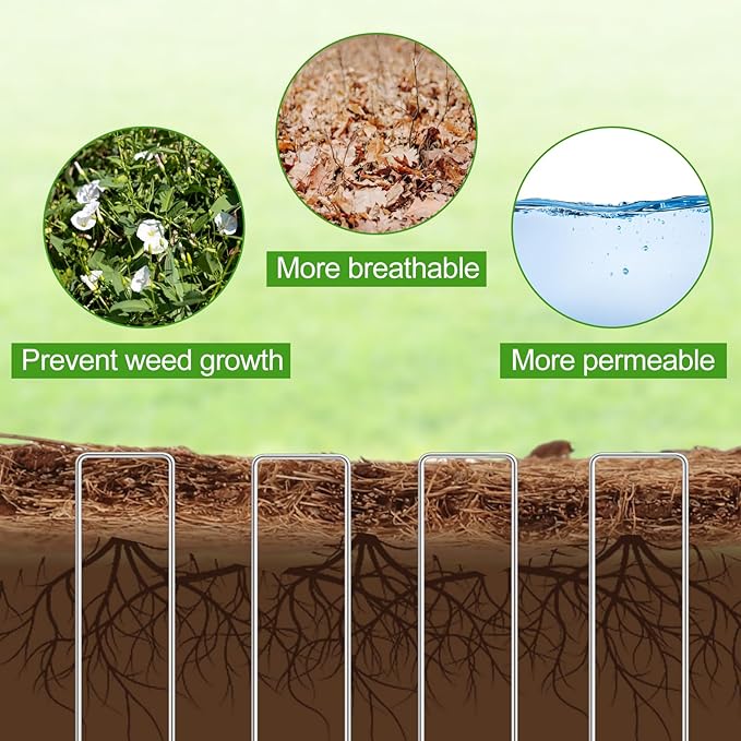 Timgle 2 Pcs 120 x 6.3 Natural Coconut Fiber Liner Mulch Roll Coir Liner Garden Weed Barrier Mat with 30 U-Shaped Steel Stakes for Landscaping Garden Edging Border Planters Vegetables &amp Flow