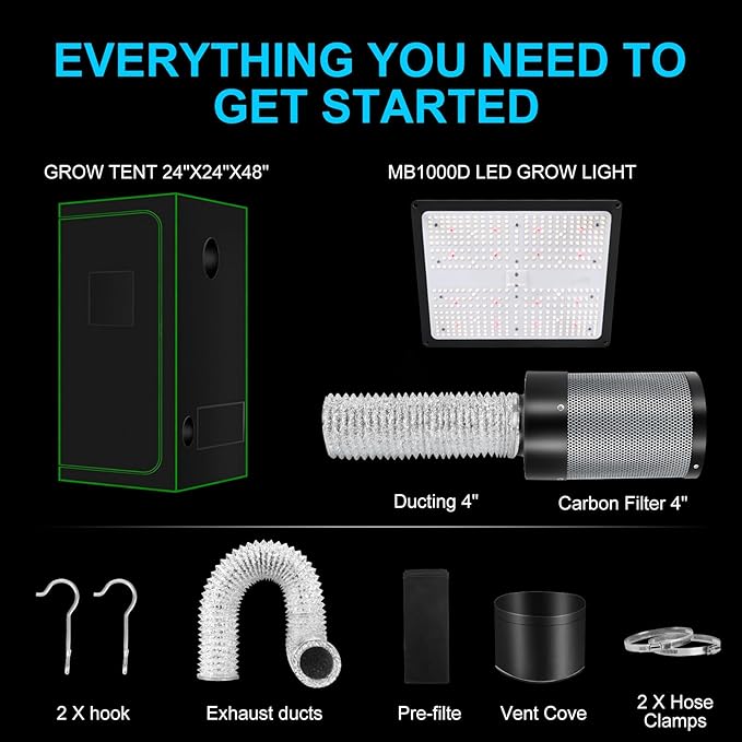 MELONFARM Grow Tent Complete System 2x2 Schedule Full Spectrum 100W LED Grow Light &amp Grow Tent Kit 24x24x48 4 Adjustable Ventilation Kit Noise-reducing Rubber Duct Connector
