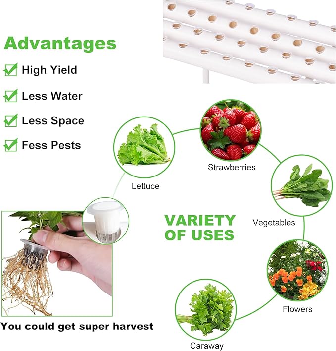 Generic Indoor Hydroponics Growing System Kit 90 Plant Sites 3 Layers Food-Grade PVC-U Pipes Hydroponic Grow Kit for Vegetables Fruits Herbs