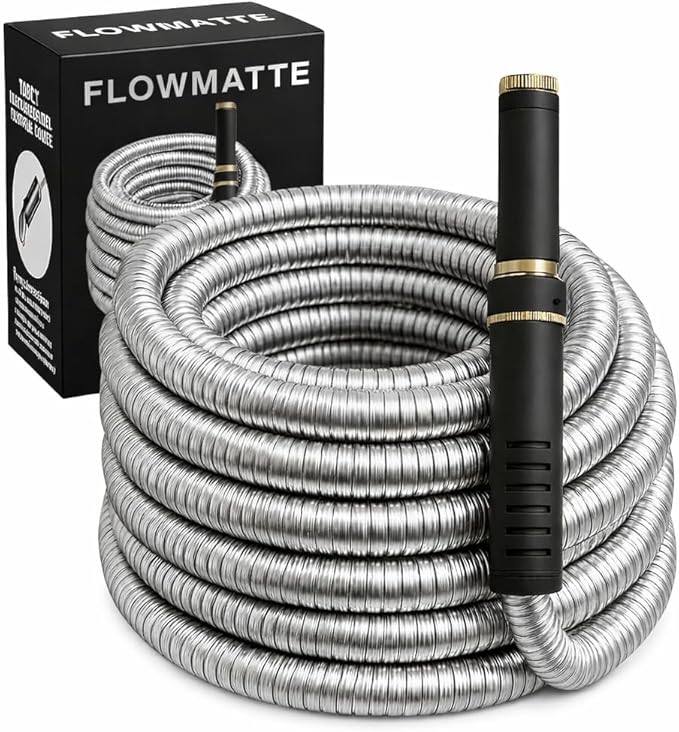 100ft Silver Stainless Steel Garden Hose – Heavy-Duty Metal Hose with Brass Fittings &amp Nozzle Kink-Free Leak-Proof Weather-Resistant