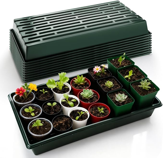 10 Pack 1020 Trays No Holes-Reusable Nursery Flats for 50/72 Cell Plug Tray Heavy Duty Seed Starter Trays for Transplant Seed Starting Plant Propagation &amp Seed Germination (Dark Green)