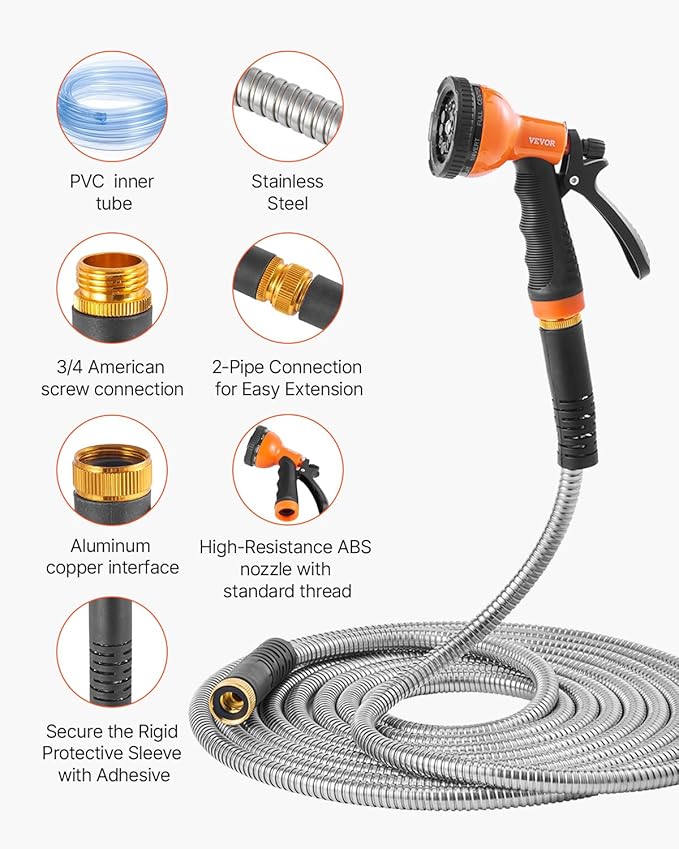 VEVOR Garden Hose Metal 150 ft Rust Proof Stainless Steel Water Hose Heavy Duty Backyard Hose with 10 Function Nozzle No-Kink &amp Flexible Water Pipe Lightweight Metal Hose for Yard Outdoor
