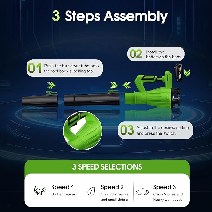 Cordless Leaf Blower 21V 6-Speed High Power Electric Blower with 6.0Ah Battery Lightweight Design 2 Batteries &amp Fast Charger for Lawn Patio Dust and Leaves（Black Green）