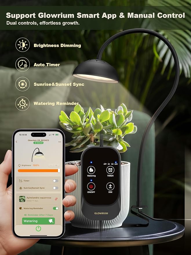 GLOWRIUM Smart Grow Lights for Indoor Plants10W Full Spectrum Plant Lights with Bluetooth App Control 360° Flexible Gooseneck Grow Lamp Auto Timer 3/9/12Hrs 10 Brightness for Small Plants Black